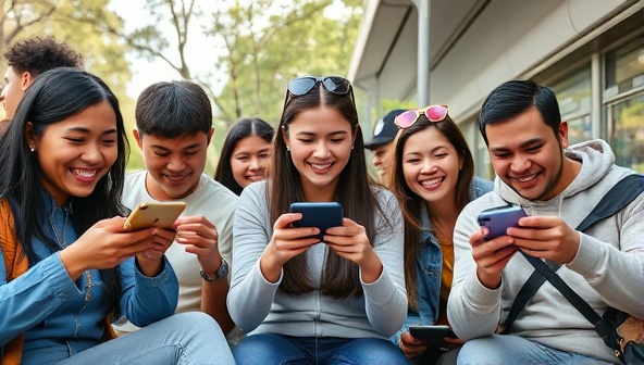 An engaging visual of a diverse group of people playing mobile games on their smartphones in different settings like a park, cafe, and public transport, showcasing the versatility and accessibility of GameOn-the-Go's mobile gaming subscription service in everyday life.
