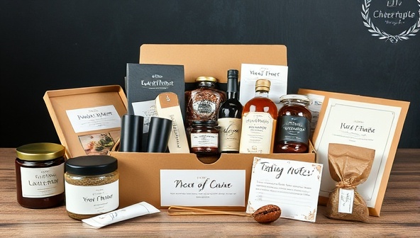 An enticing and visually appealing subscription box design mockup featuring a variety of artisanal food products, elegant packaging, personalized tasting notes, and a handwritten thank-you card, conveying a sense of luxury and gourmet indulgence for subscribers.