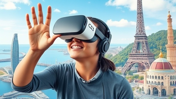 A person wearing a VR headset, smiling and reaching out as if touching a virtual landmark in an exotic location, surrounded by digital representations of famous tourist spots, conveying a sense of wonder and exploration.