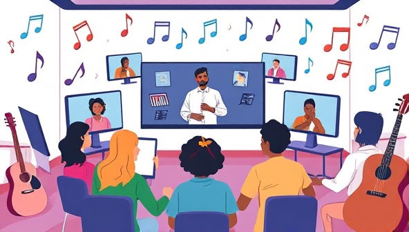 An artistic illustration of a virtual music lesson setup, featuring a diverse group of students interacting with their instructor through screens, surrounded by musical notes and instruments, capturing the essence of virtual music education with a touch of creativity and inclusivity.