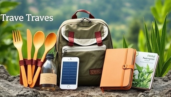 An eco-friendly travel gear collection displayed in a natural setting, featuring bamboo travel utensils, a recycled backpack, a solar-powered charger, and a plant-based travel journal, emphasizing sustainability and adventure.