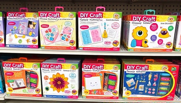 A colorful and visually engaging display of various DIY craft kits, each featuring different craft projects such as painting, jewelry making, and paper crafting, arranged on a shelf with vibrant packaging and artistic designs, inviting customers to explore their creativity.