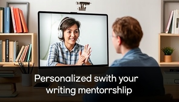 An image of a virtual writing mentor guiding a writer through a video call, with books and writing tools in the background, symbolizing personalized and supportive writing mentorship.