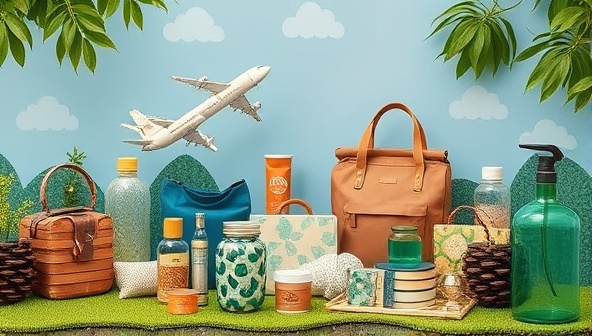 An eye-catching visual featuring a diverse array of eco-friendly travel accessories arranged in a nature-inspired setting, emphasizing sustainability and eco-consciousness in travel.