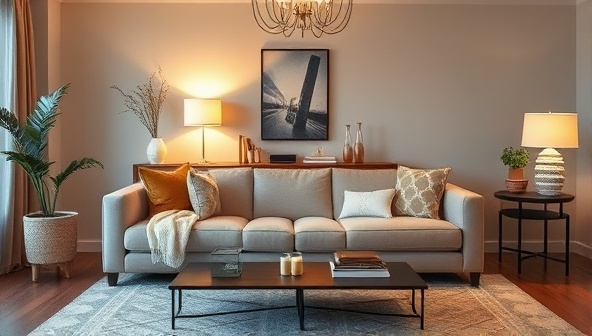 An inviting living room scene with a cozy sofa, elegant lighting, and decorative accents from a subscription box, creating a harmonious and personalized home space that reflects individual style preferences.