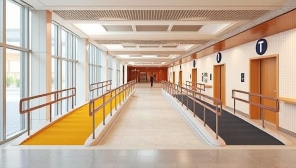 An inclusive architectural design concept featuring ramps, braille signage, and spacious layouts, symbolizing universal access and equality in built environments, showcasing the power of accessible design solutions.