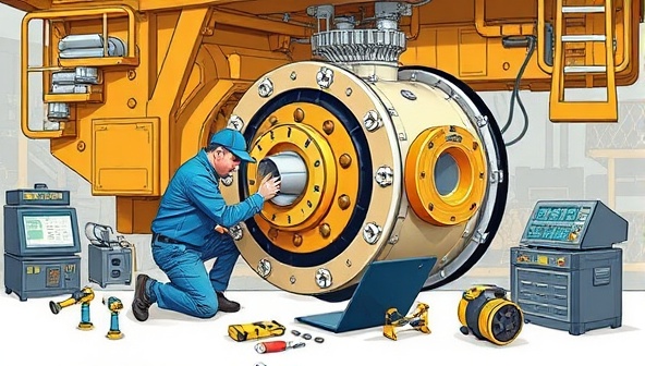 An illustrative graphic depicting a repair technician conducting maintenance on a large mining equipment component, surrounded by diagnostic tools and repair materials, showcasing the expertise and precision of FixMine Solutions' online repair services in action.