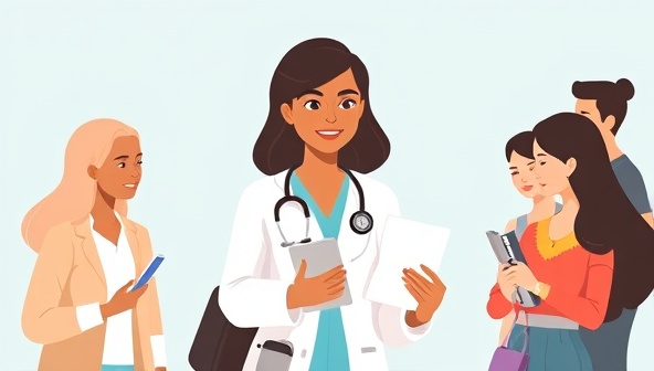 An illustration of a healthcare concierge assisting a diverse group of individuals with medical paperwork and appointments, symbolizing personalized care and support in the healthcare journey.