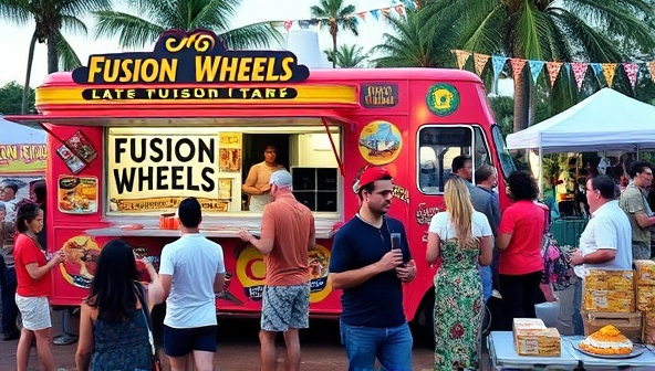 A vibrant food truck scene with Fusion Wheels parked at a bustling food festival, serving a line of customers eager to try the innovative fusion dishes, featuring colorful and mouth-watering creations that blend various culinary traditions.