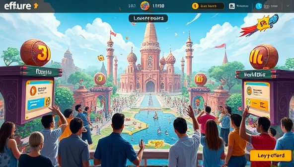 An interactive game interface showcasing a branded virtual world with engaging challenges, rewards, and leaderboards, surrounded by enthusiastic players and digital avatars, capturing the essence of gamified marketing experiences and user interaction.