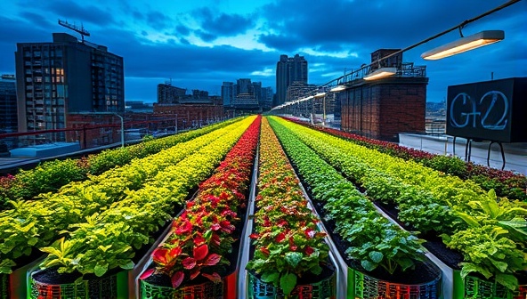 An urban rooftop transformed into a lush vertical farm, with colorful rows of plants reaching towards the sky under the glow of grow lights, highlighting sustainability and innovation.