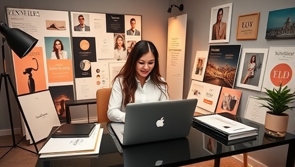 An elegant personal branding studio setup with a consultant working on a client's brand strategy on a sleek laptop, surrounded by mood boards, branding materials, and social media profiles, exuding sophistication and modernity in personal branding consultancy.