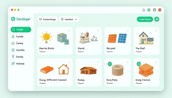 A digital platform interface showcasing a user-friendly dashboard with listings of various sustainable construction materials available for swapping, with icons representing eco-friendly elements like solar panels, recycled bricks, and energy-efficient insulation.