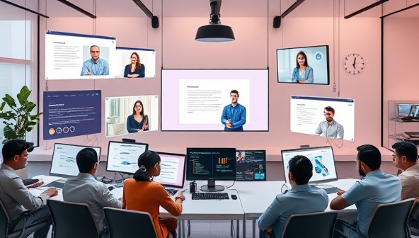 An innovative virtual recruitment setting featuring digital job postings, virtual interview rooms, a diverse group of candidates and recruiters interacting online, and a seamless recruitment process facilitated by advanced technology, symbolizing modern and efficient remote hiring practices.