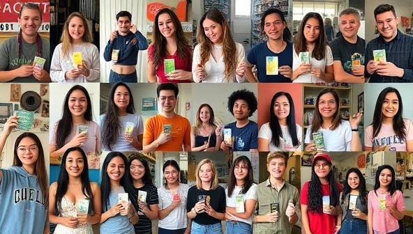 A vibrant collage of diverse local influencers posing with products from various small businesses, highlighting community connections and authenticity.