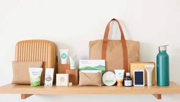 An assortment of sustainable travel products displayed on a minimalist wooden shelf, including bamboo luggage, biodegradable toiletry kits, solar-powered chargers, and reusable water bottles, conveying a sense of eco-friendly travel essentials and conscious consumerism in action.