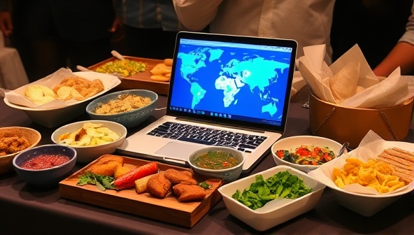 An enticing array of international food samples neatly arranged in tasting kits, accompanied by a virtual guide on a laptop screen engaging with participants in a lively and interactive tasting session, conveying a sense of global culinary exploration and cultural immersion.