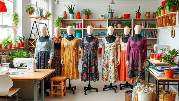 An upcycled fashion collection displayed on mannequins in a vibrant, eco-friendly studio space filled with sewing machines, fabric scraps, and potted plants, reflecting the blend of creativity and sustainability in fashion upcycling.
