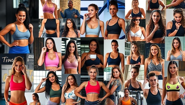An electrifying digital collage featuring fitness influencers posing with branded products, engaging with followers on social media, and showcasing their favorite workout gear, demonstrating authenticity, influence, and partnership opportunities within the network.