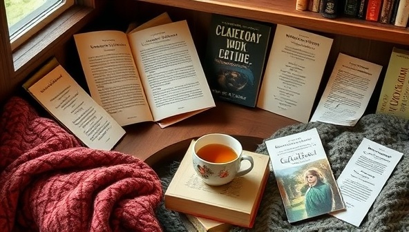 An inviting reading nook with cozy blankets, a stack of books, and a steaming cup of tea, surrounded by book club discussion guides, author autographs, and themed bookmarks, creating a warm and immersive atmosphere for ChapterCraft Club members to enjoy their curated book selections.