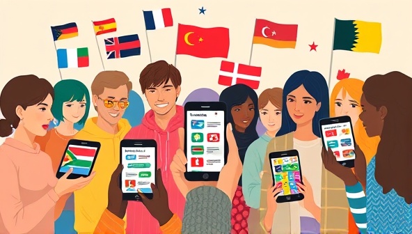 An artistic depiction of a diverse group of users engaging in virtual language lessons and cultural exchanges through the LingoConnect app, with colorful language flags and interactive learning tools displayed on their screens, representing the app's immersive and educational experience.