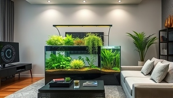 An image of a modern living room with a sleek aquaponic system that doubles as a decorative piece, showcasing the harmony between plants and fish in an aesthetically pleasing indoor setting.