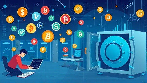 An artistic representation of a digital marketplace with various digital currencies floating in the air, users engaging in trades on laptops and smartphones, and a secure vault symbolizing trust and transparency in cryptocurrency exchanges, highlighting the convenience and accessibility of CryptoSwap.