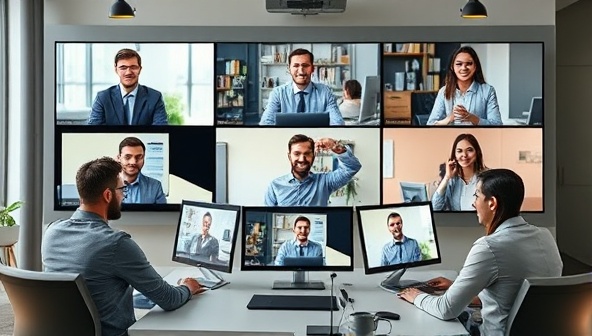 A dynamic virtual meeting setup with professionals collaborating on multiple screens, with advanced telecommuting tools in use, showcasing the efficiency and connectivity facilitated by TechFlex Consultants' technology solutions.