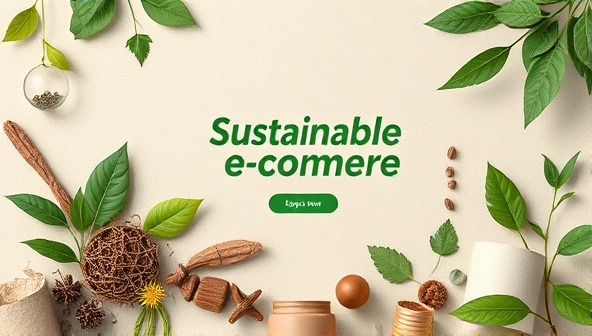 An artistic representation of a sustainable e-commerce website design featuring natural elements like leaves, recycled materials, and earthy tones, symbolizing eco-friendliness and sustainability in online branding.