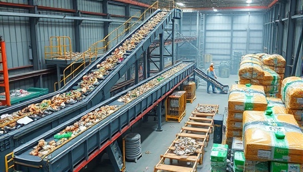 An artistic representation of a mining waste recycling plant with conveyor belts transporting materials for processing, workers sorting waste, and a finished product being packaged for distribution, showcasing the recycling process in action.