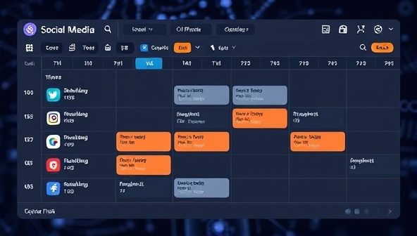 An AI interface displaying a social media content calendar with optimized posting times and engagement predictions, showcasing the efficiency and data-driven approach of SocialSyncAI in social media scheduling and management.