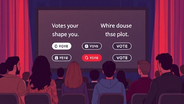 An engaging illustration showing a group of people watching a movie on a big screen with interactive buttons displayed, allowing them to vote and shape the plot, creating a dynamic and participatory movie night experience.