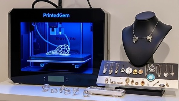 A sleek, modern 3D printer in action creating intricate jewelry designs, with a diverse collection of finished pieces displayed elegantly on a stylish jewelry stand, showcasing the customization and craftsmanship of PrintedGem Creations.