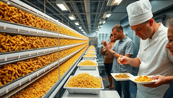 A modern insect farm facility with rows of cricket and mealworm habitats, a chef preparing gourmet insect dishes in a kitchen, and customers sampling insect-based snacks, showcasing the integration of edible insects into mainstream cuisine and sustainable food production.