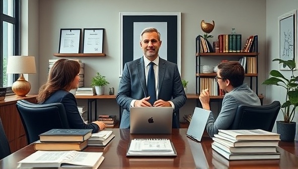 An authoritative virtual office setting with an executive coach mentoring a group of professionals, surrounded by leadership books, strategic plans, and success metrics, projecting a sense of guidance and empowerment in the world of virtual executive coaching.