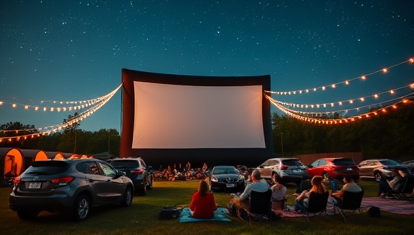 A captivating image of a large inflatable movie screen set up in an open field with cars parked in front, families and friends seated outdoors on blankets and chairs, enjoying a movie night under a starry sky with fairy lights creating a magical ambiance.