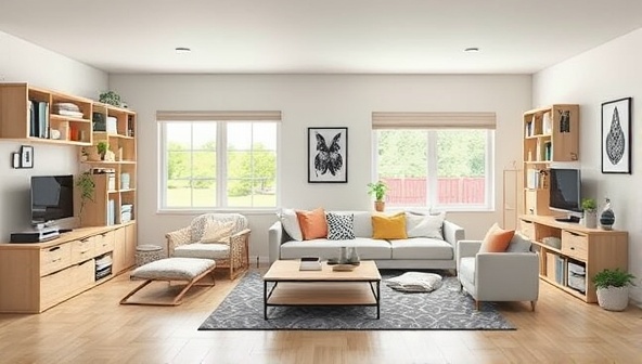 A digital rendering showing a small, cluttered room transformed into a spacious, organized living area with multifunctional furniture and smart storage solutions, illustrating the transformative power of smart space design.