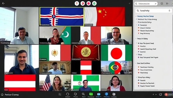 An online classroom setting with a diverse group of participants engaging in a virtual cultural exchange session, displaying flags, cultural artifacts, and digital language learning tools, fostering a sense of global connection and learning.