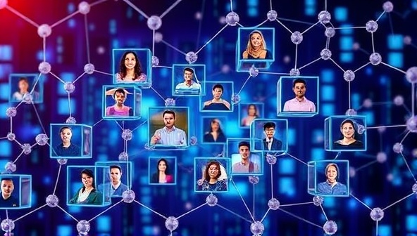 An eye-catching visualization of interconnected blocks symbolizing blockchain technology, overlaid with images of diverse individuals exchanging funds digitally, representing the inclusive and transparent nature of PeerFund's lending platform.