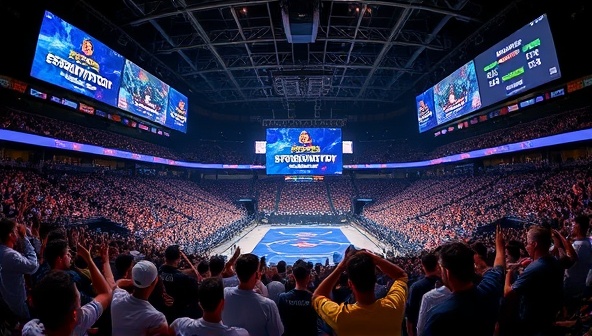 An esports arena filled with cheering fans, giant screens displaying live matches, and digital banners showcasing EsportPredictor predictions and success rates, creating a dynamic and competitive atmosphere for esports betting enthusiasts.