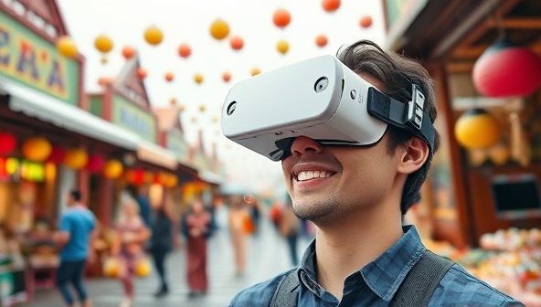 An individual wearing a VR headset, smiling while virtually exploring a bustling marketplace in a foreign country, with colorful stalls and animated locals, capturing the essence of the immersive travel experience.