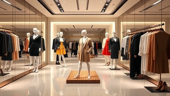An elegant virtual fashion showroom with digital mannequins displaying the latest fashion trends, a virtual fitting room where users can try on virtual outfits, and interactive elements like personalized styling suggestions, capturing the blend of fashion and technology in a virtual shopping experience.