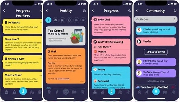 An engaging mobile app interface featuring a variety of colorful writing prompts, a progress tracker, and a community chat section for users to share their writing responses and connect with fellow writers, fostering creativity and collaboration.
