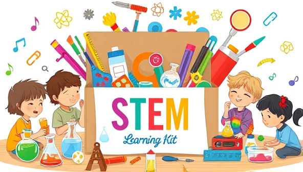 An artistic representation of a STEM learning kit box filled with colorful science tools, engineering materials, and technology components, surrounded by curious young minds engaged in hands-on experiments and collaborative learning, sparking creativity and exploration.