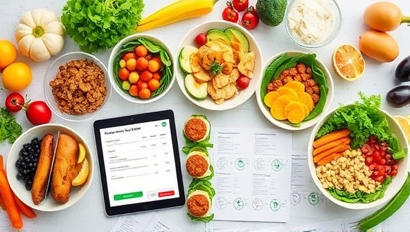 An array of colorful and nutritious meals neatly arranged on a table, surrounded by fresh ingredients and a tablet displaying a customized meal plan, conveying convenience and healthy eating choices.