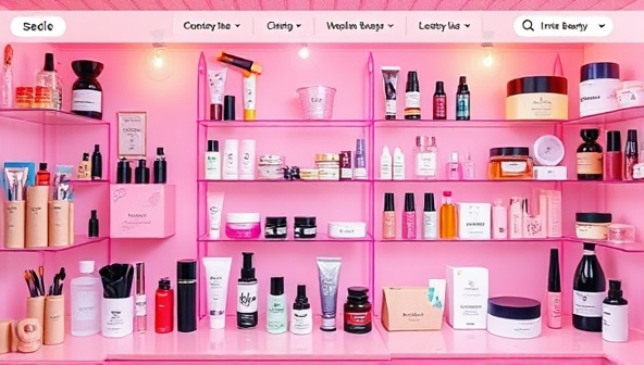 An interactive virtual beauty marketplace interface showcasing a variety of indie beauty brands and products, with vibrant visuals and easy navigation for customers to explore and shop, creating a dynamic and engaging online beauty shopping experience.