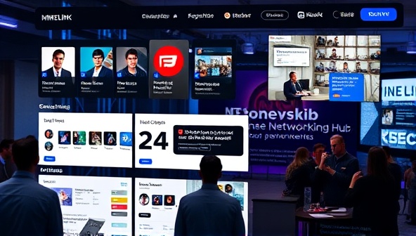 An interactive networking platform interface showcasing user profiles, industry groups, and upcoming networking events, with virtual networking sessions, discussion forums, and business collaboration opportunities highlighted to emphasize the value of building connections through MineLink Networking Hub.