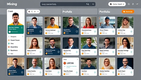An interactive platform interface displaying profiles of mining industry professionals, complete with resumes, portfolios, and endorsements, showcasing a vibrant community of talent ready to meet the industry's demands.