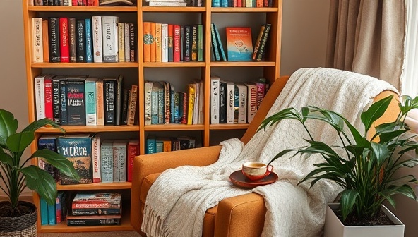 A cozy reading nook setup with a bookshelf filled with wellness and self-help books, a comfortable armchair draped with a soft blanket, a steaming cup of herbal tea, and a potted plant, creating a serene and inviting space for reading and reflection, embodying tranquility and personal growth through literature.