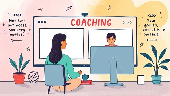 An artistic representation of a virtual coaching session with a coach and client connecting through screens, surrounded by motivational quotes and symbols of personal growth, reflecting empowerment and self-discovery.